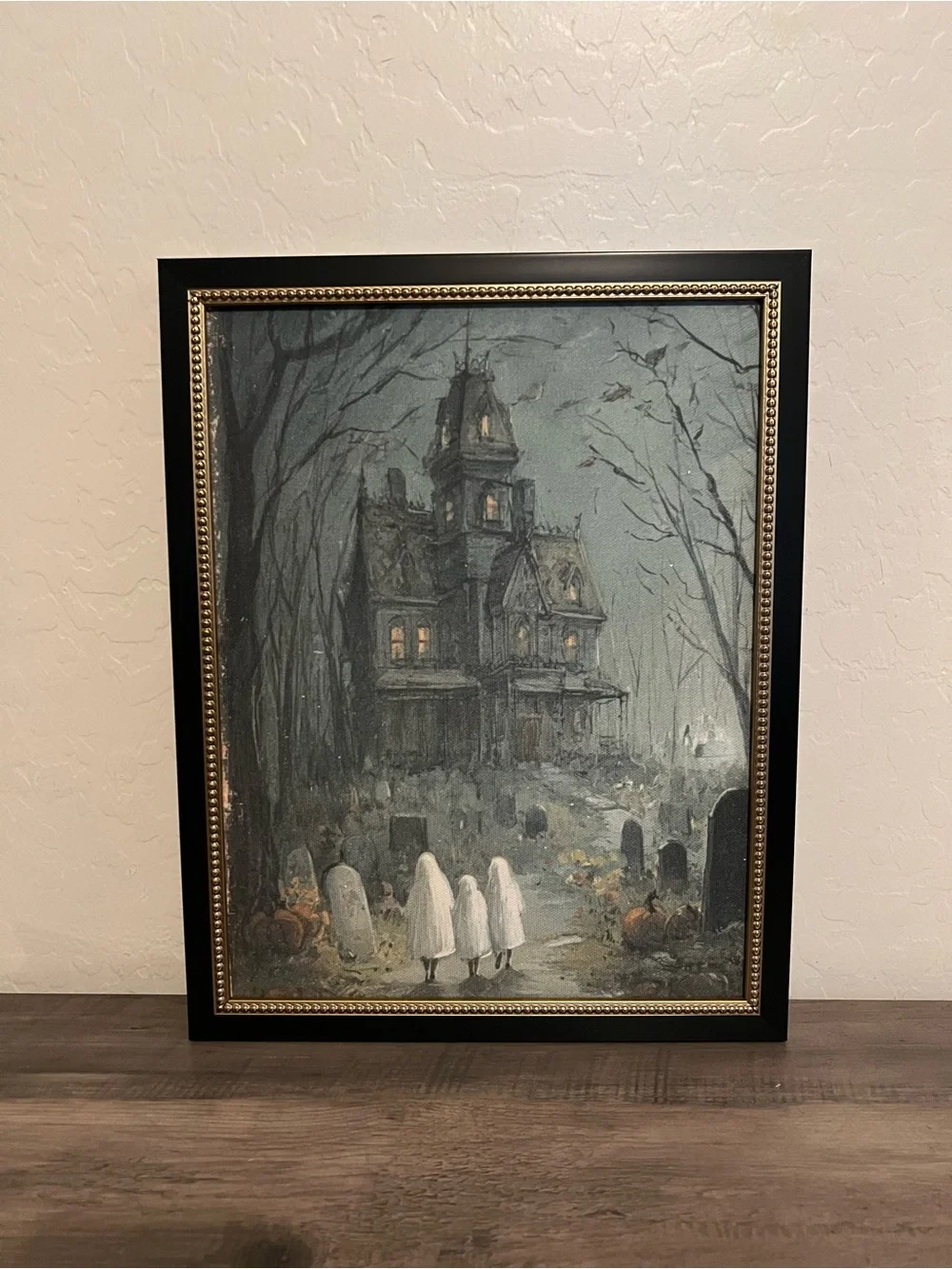 Petal Lane Spooky Ghosts Trick or Treating Haunted House Wall Art Framed Print